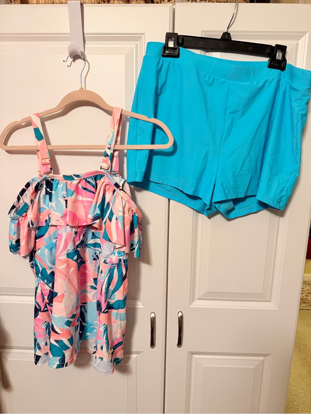 Pink & Teal Tropical Ruffle Tank with Turquoise Swim Shorts